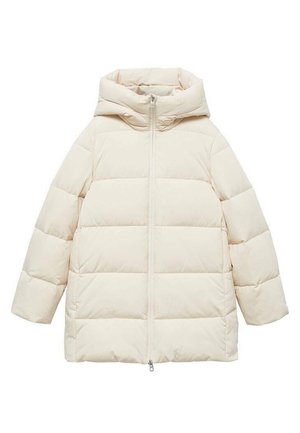Krémová péřová bunda s kapucí, se zapínáním na zip v přední části, horizontální prošívaný design a volný střih. Měkká, hladká textura látky.