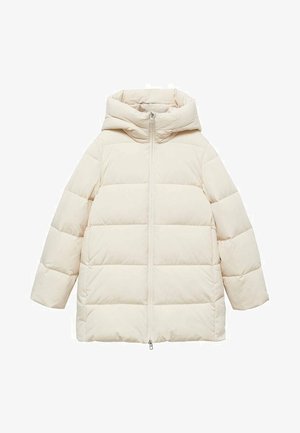 Puffer jacket in cream color with a hood, featuring a zip front, horizontal quilted design, and loose fit. Soft, smooth fabric texture.