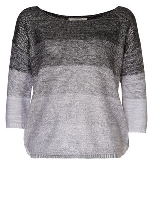 Dzianinowy sweter z szerokim dekoltem i rękawami 3/4, ozdobiony poziomymi gradientowymi paskami od czarnego do jasnoszarego.