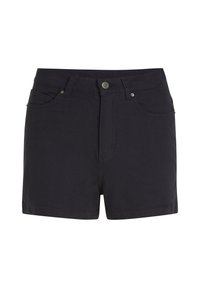 Tumedat lahtised denim lühikesed püksid, millel on viie tasku disain, ees nupuga sulgemine ja õmblustega detailid. Kangas on sileda tekstuuriga.
