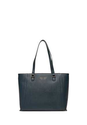 Czarna skórzana torba typu tote z dwoma paskami na ramiona i złotym logo Nine West New York na środku z przodu.