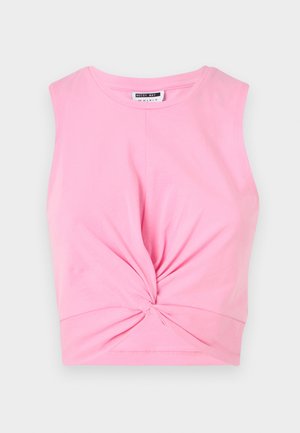 Rosa ärmelloses Crop-Top mit einem geknoteten Detail an der Vorderseite, aus weichem Baumwollstoff mit glatter Textur.