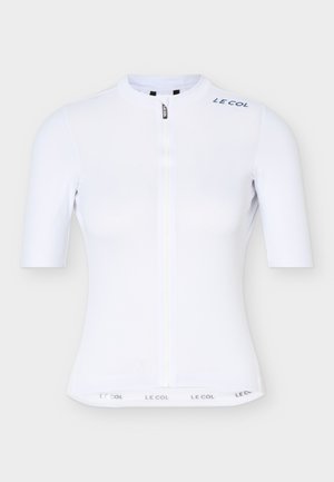 Fehér, rövid ujjú kerékpáros mez elöl cipzárral, "LE COL" felirat a vállnál és az alján, testhez álló szabás.