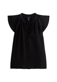 Chemise noire à manches courtes en forme de volants, confectionnée dans un tissu texturé. Elle présente un col rond et sept boutons sur le devant.