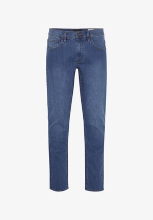 Denim jeans in a medium wash, featuring a straight cut, five pockets, belt loops, and subtle fading on the thighs for texture.