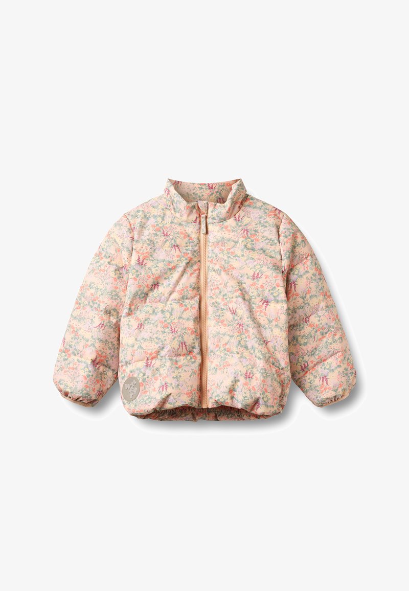 Geacă matlasată pentru copii, de culoare roz deschis cu imprimeu floral, prevăzută cu fermoar frontal complet și manșete elastice, concepută pentru căldură și confort.