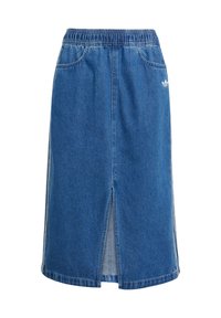 Denimskjørt med elastisk midje, midtlengde, blå farge, med en frontslitt og brodert logo over sømmen.