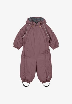 Bordeaux geïsoleerd sneeuwpak met een capuchon, elastische boorden en lussen bij de voeten. Heeft een grijze voering en witte bies langs de naden.