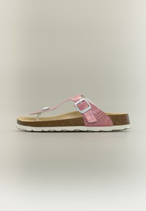 Infradito rosa con motivo a fantasia, fibbia bianca sulla suola in sughero e suola esterna bianca testurizzata, mostrata di profilo su sfondo neutro.