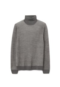 Maglione grigio a collo alto con maniche lunghe. Presenta un bordo collo e polsini di un grigio scuro a contrasto, realizzato in morbido tessuto a maglia.