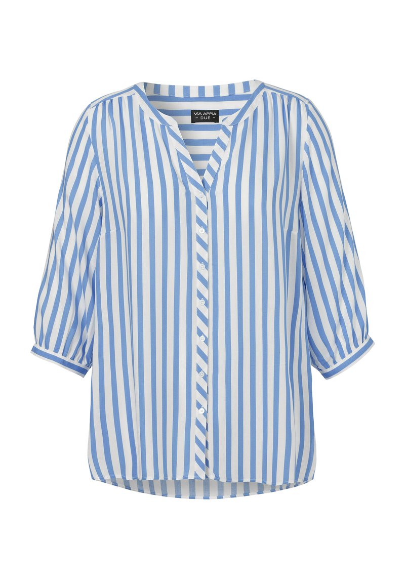 Blauwe en witte gestreepte blouse met een V-hals, 3/4 mouwen, knoopsluiting aan de voorkant en een licht gebogen zoom. Gemaakt van lichte stof.