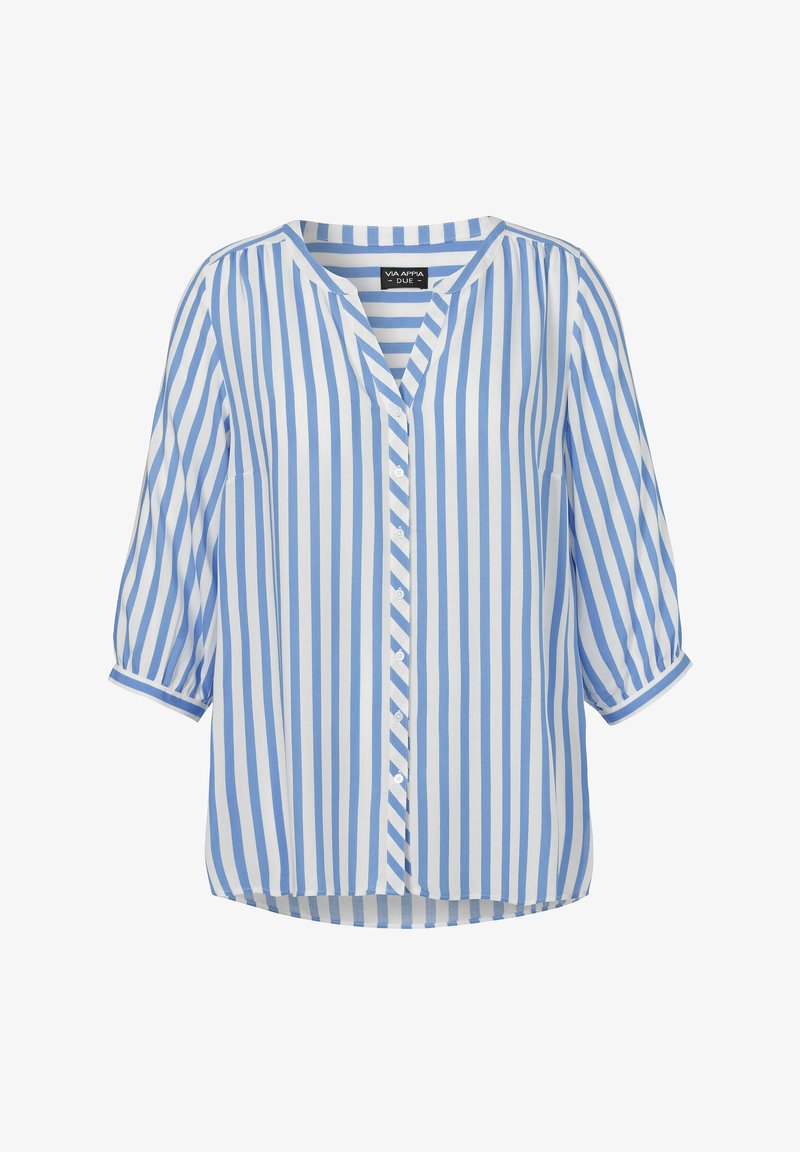 Blauwe en witte gestreepte blouse met een V-hals, 3/4 mouwen, knoopsluiting aan de voorkant en een licht gebogen zoom. Gemaakt van lichte stof.