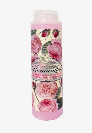 Rosa Duschgel-Flasche mit vintage Blumenetikett mit Rosen und Pfingstrosen, beschriftet mit "Romantica" von Nesti Dante Florenz.