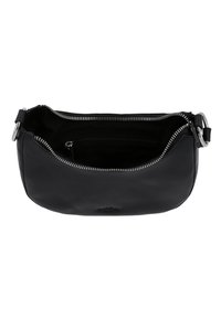 Borsa a tracolla in pelle nera con forma curva, chiusura a zip e hardware in argento. Presenta una tasca interna singola per l'organizzazione.