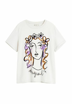 Valge lühikeste varrukatega särk, millel on stiliseeritud naise näo joonistus, lilleline peapael, lilla ja oranž aksendid ning allosas kiri kursiivkirjas.
