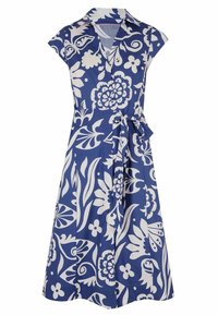 Modré květinové šaty s límečkem, krátkými rukávy a zavazováním v pase. Mají bílý abstraktní vzor květin a listů. Bavlněná tkanina.