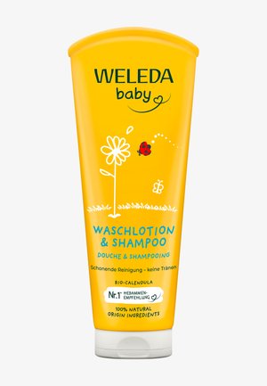 Weleda baby wash en shampoo in een felgele knijptube. Voorzien van een illustratie van een bloem en een lieveheersbeestje, met blauwe tekst en witte accenten.