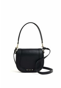 Borsa a tracolla in pelle nera con una forma strutturata, dotata di manico superiore, strap regolabile e dettagli in metallo dorato.