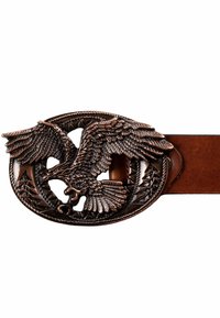 Bronzen arendgesp met ingewikkelde details, geplaatst op een bruine lederen riem. Heeft een cirkelontwerp en getextureerde accenten.