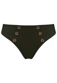 Tmavě zelené bikinové spodní díly s vysokým pasem, které mají pět zlatých knoflíků na levé straně a hladkou texturu.