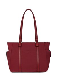 Borsa tote in tessuto rosso con due manici lunghi, cuciture a contrasto, tasca frontale e scomparti laterali per ulteriore spazio di archiviazione.