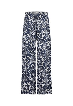 Marineblå vidde bukser med en hvid blomster- og bladprint, elastisk talje og snøre til justerbar pasform.