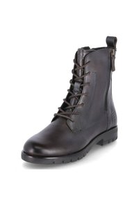 Stivaletto in pelle marrone con lacci frontali, zip laterale, punta rotonda e dettagli texturizzati sulla parte superiore. Suola in gomma resistente.