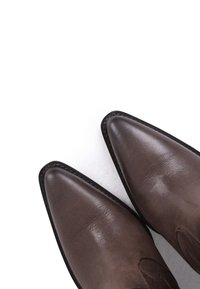 Chaussures en cuir marron à bout pointu, présentant une texture lisse et un subtil détail de couture le long des bords.