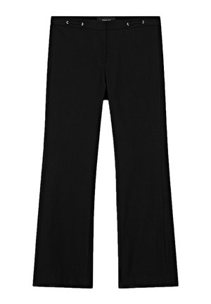 Pantalons évasés noirs avec une texture lisse, dotés d'une taille à cordon de serrage et d'œillets en métal, offrant une coupe décontractée et un design minimaliste.