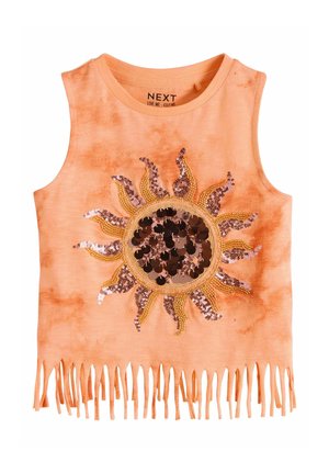Sleeveless orange tie-dye top with fringed hem and a large sequined sun design in gold, bronze, and copper tones on the front.
