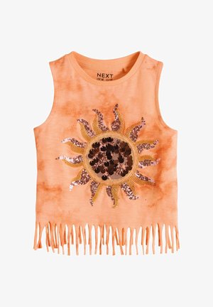 Ärmelloses, orangefarbenes Batik-Top mit fransensaum und einem großen, mit Pailletten besetzten Sonnendesign in Gold-, Bronze- und Kupfertönen auf der Vorderseite.
