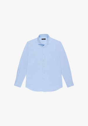 Długa, jasnoniebieska koszula na guziki z klasycznym kołnierzykiem, plisą na przodzie i zaokrąglonym dołem. Wykonana z gładkiej tkaniny o miękkiej fakturze.
