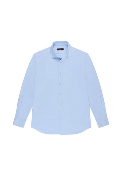 Camisa azul claro de manga larga con botones, cuello clásico, tapeta frontal y dobladillo redondeado. Confeccionada con tejido suave y textura delicada.