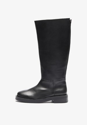 Black leather knee-high boot with a rounded toe, smooth finish, block heel, and a zip closure at the back for easy wear.