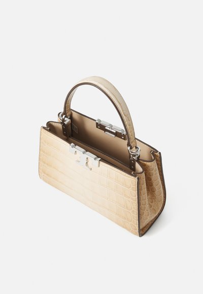 Beige croc-embossed leather handbag with a structured design, featuring a silver clasp and a rounded handle. Interior visible.
