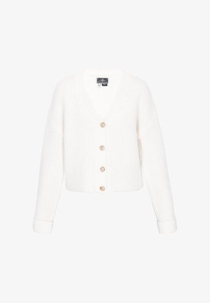 Bela skrajšana cardigan jopica z V-izrezom, rebrasto teksturo in štirimi zlatimi gumbki. Ima dolge rokave in mehko pletenino.