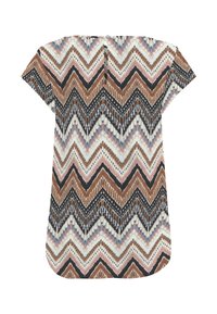 Tunic a zigzag in marrone, rosa, nero e bianco con maniche corte e apertura a chiave sul retro, caratterizzata da un orlo arrotondato.
