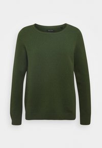 Mörkgrön stickad tröja med långa ärmar och rund halsringning. Slät textur, ribbat avslut och ärmslut, enkel design utan mönster eller detaljer.