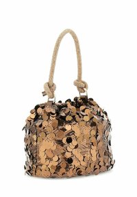 Sac à main recouvert de sequins en bronze brillant avec une anse tressée unique nouée à la base, présenté sur un fond blanc.