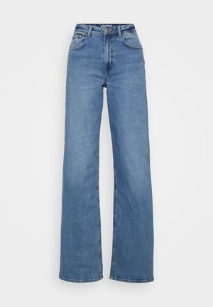 Jeans de pierna ancha en denim, con una cintura alta, diseño clásico de cinco bolsillos y un dobladillo limpio con mínimas desgastes.