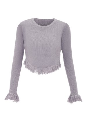 Szary prążkowany crop top z długim rękawem, okrągłym dekoltem oraz frędzlami na zakończeniach rękawów i na dole. Wykonany z miękkiego, teksturowanego materiału.