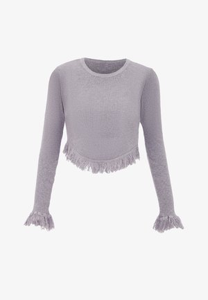 Graues geripptes Langarm-Crop-Top mit rundem Ausschnitt und fransigem Saum sowie Ärmelbündchen. Hergestellt aus weichem, strukturiertem Stoff.