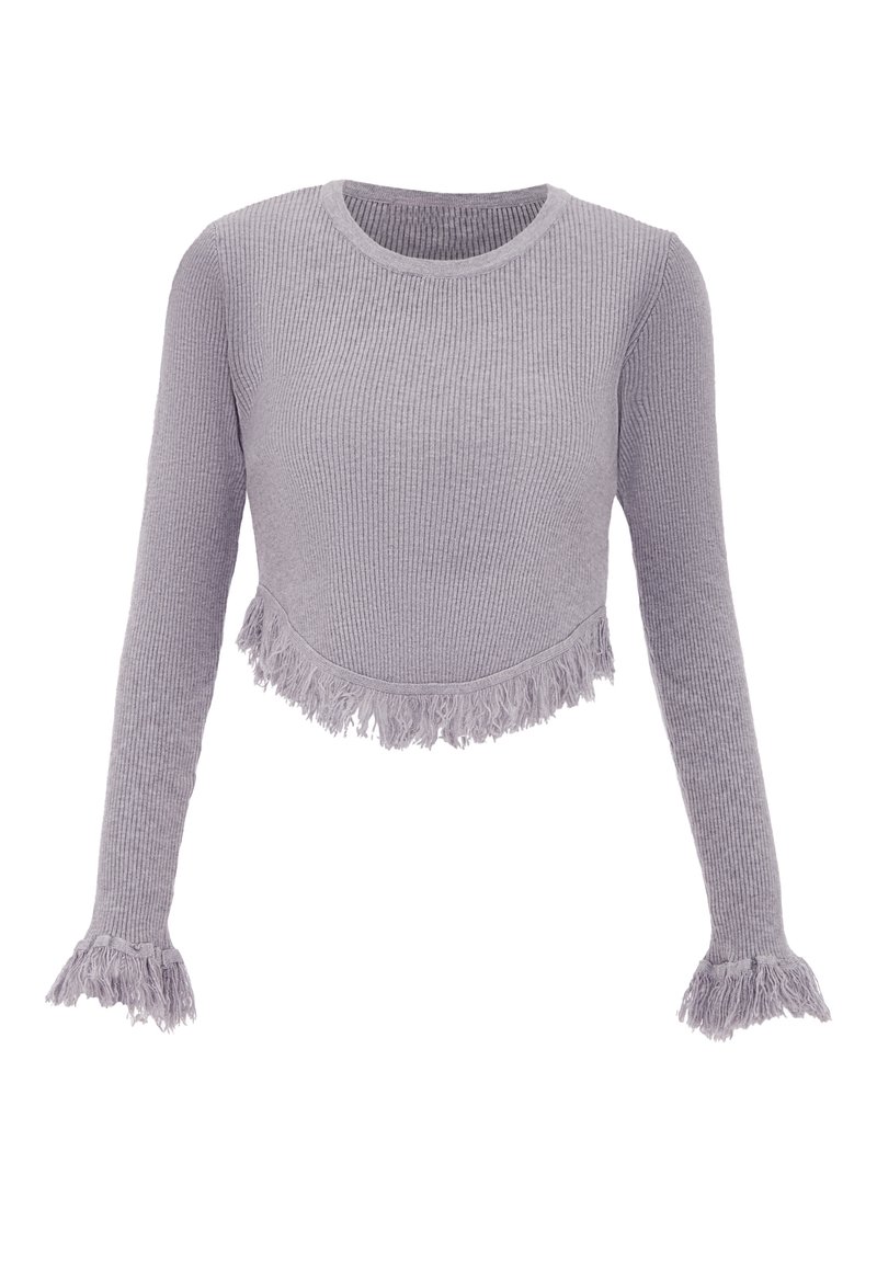 Grijze geribbelde lange mouwen crop top met een ronde halslijn en een franjeszoom en mouwmanchetten. Gemaakt van zachte, gestructureerde stof.