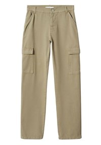 Pantaloni cargo beige a gamba dritta, con due tasche sui fianchi, passanti per cintura e chiusura frontale con bottone. Realizzati in tessuto resistente.