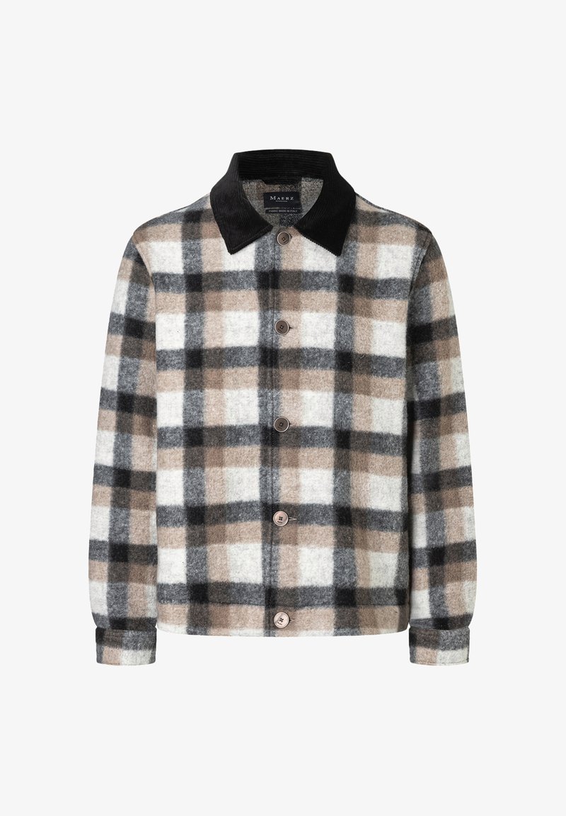 Veste boutonnée avec un grand motif à carreaux noir, blanc, gris et marron et un col en velours côtelé noir contrastant.