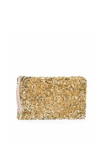 Borsa a tracolla in paillettes dorate con superficie liscia, forma rettangolare e una cerniera rosa pallido con un manico ad anello.