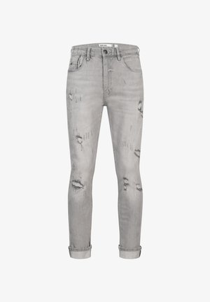 Graue Jeans aus Denim im Slim-Fit mit distressed Details, umgeschlagenen Säumen und klassischem Fünf-Taschen-Design.
