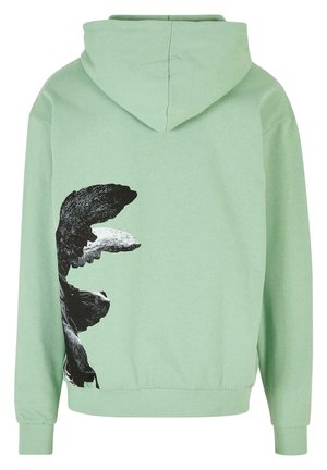 Minzgrüner Hoodie mit einem großen schwarz-weißen Grafikdesign auf dem Rücken, weichem Stoff, langen Ärmeln und einer vorderen Kängurutasche.