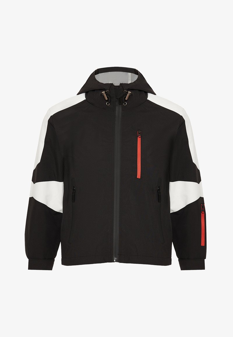 Jachetă neagră cu accente albe și roșii, dotată cu glugă, închidere frontală cu fermoar și mai multe buzunare cu fermoar; textură fină, design sportiv.