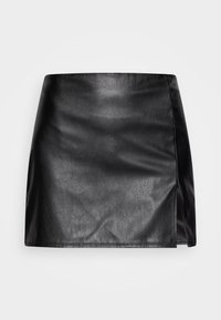 Schwarzer Leder-Minirock mit glatter Textur, figurbetontem Design und einem seitlichen Schlitz für zusätzliche Details. Saum ist sauber verarbeitet ohne sichtbare Verschlüsse.